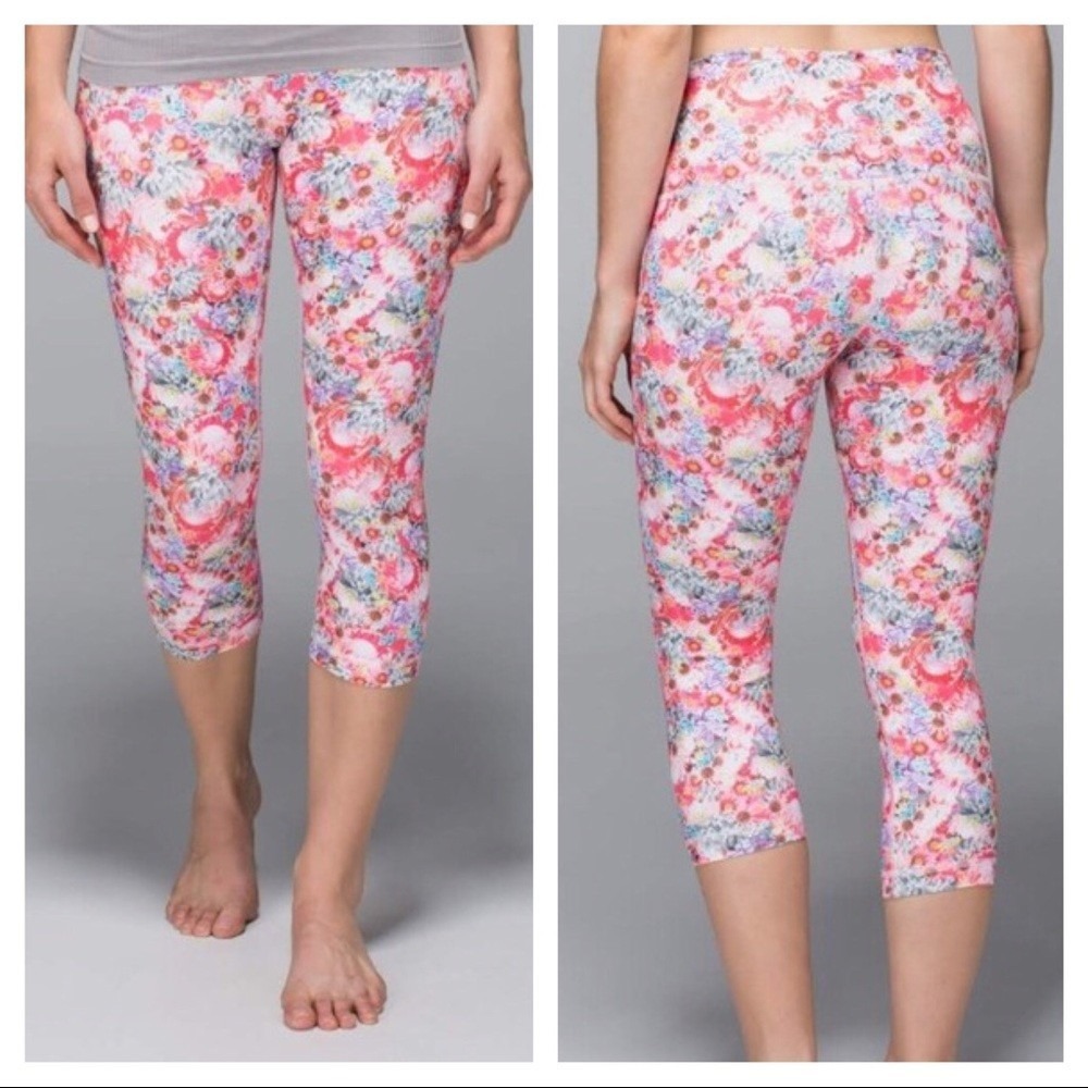 Lululemon Wunder Under Crop High Rise Floral Succulent Print Leggings Pink Multi
